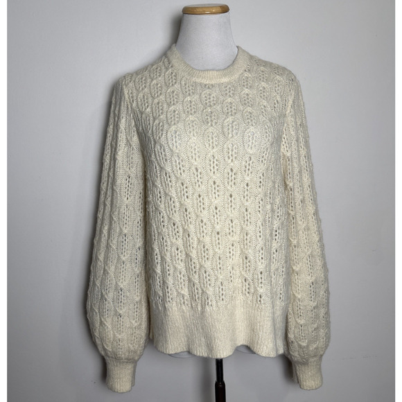 J. Crew Women’s Balloon Sleeve Sweater Size XL Ivory Cable Knit Soft Girl Cozy - Picture 1 of 9